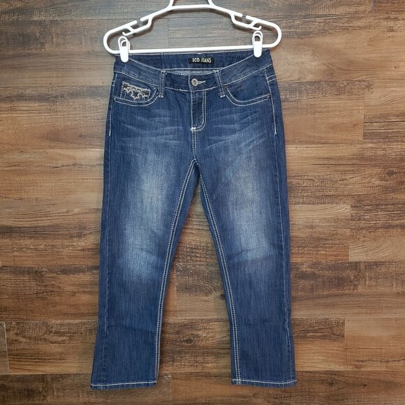 ZCO Jeans Size 7 Embellished Crop Capri Low Rise Medium Wash Denim - Picture 2 of 10